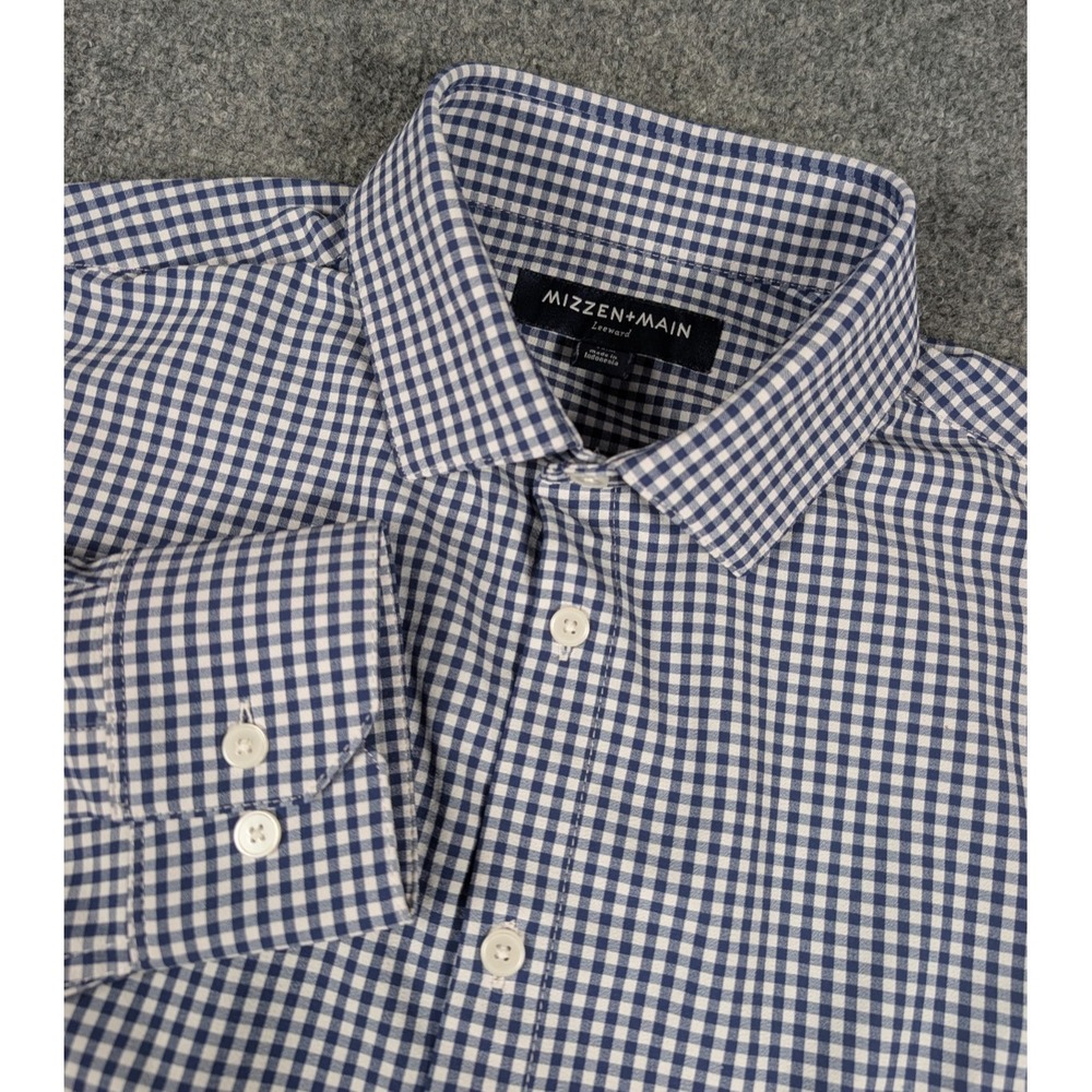 Mizzen + Main Leeward Dress Shirt Mens M Trim Navy Check‎ Plaid Long Sleeve